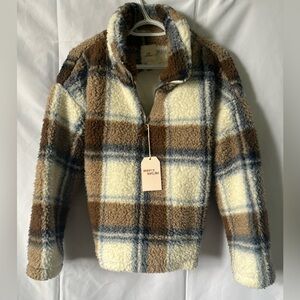 New Thread & Supply Plaid Sherpa Quarter Zip Pullover Neutral Tan Cream